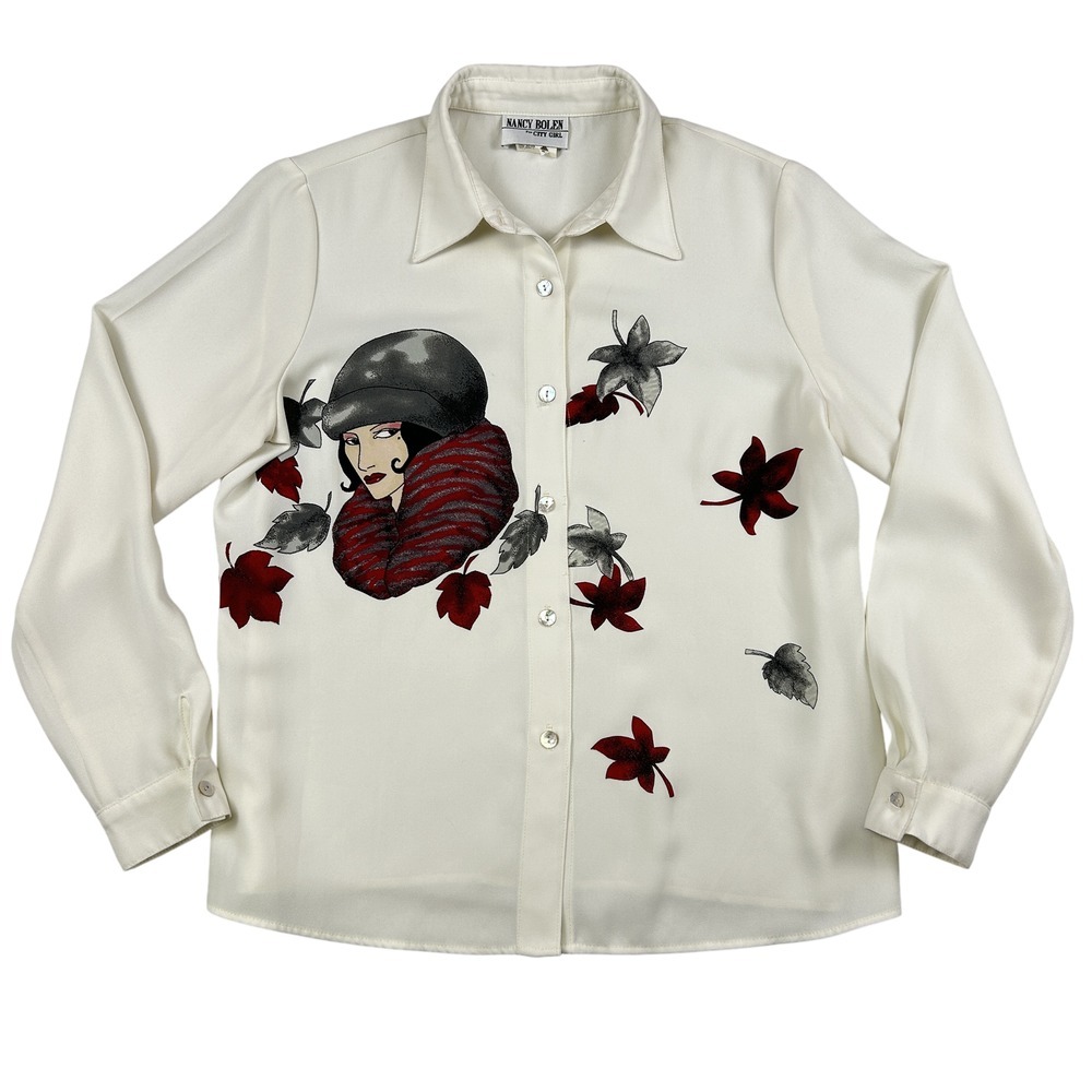 Vintage Nancy Bolen Shirt Womens Small Hand Painted Art Deco Blouse USA‎